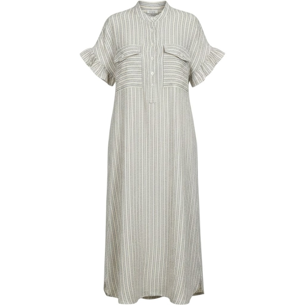 Maison Anana Dress Medium‎ Cream Striped Ruffled Collar Midi Shirt Dress